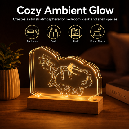 Pokemon Pikachu Dynamic 3D Acrylic Night Light – Warm LED Desk Lamp with Wooden Base