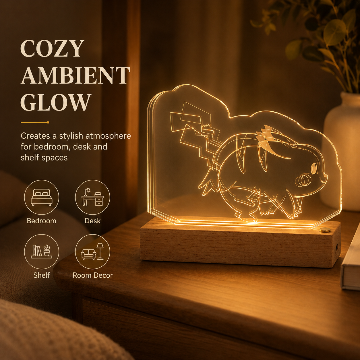 Pokemon Pikachu Dynamic 3D Acrylic Night Light – Warm LED Desk Lamp with Wooden Base