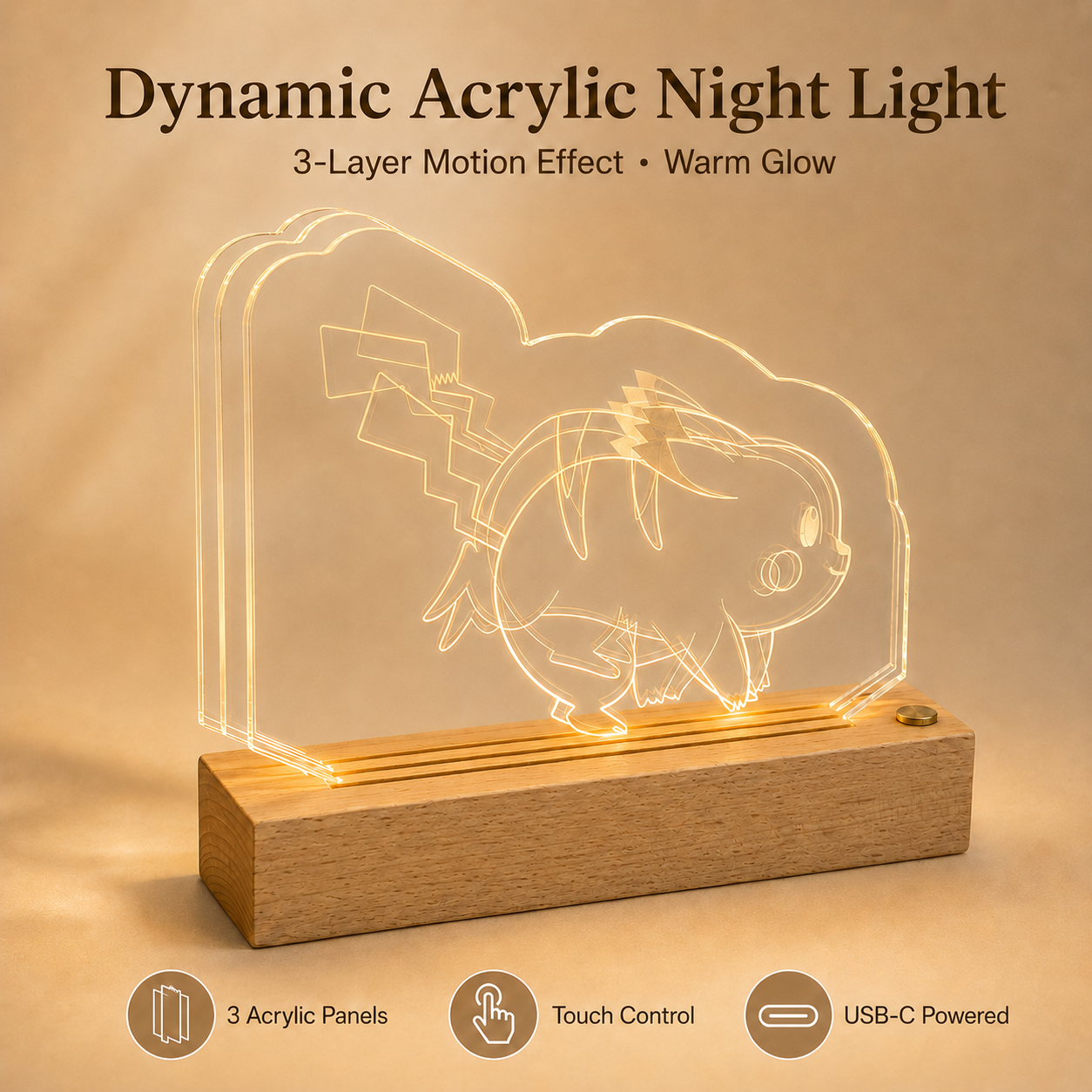 Pokemon Pikachu Dynamic 3D Acrylic Night Light – Warm LED Desk Lamp with Wooden Base