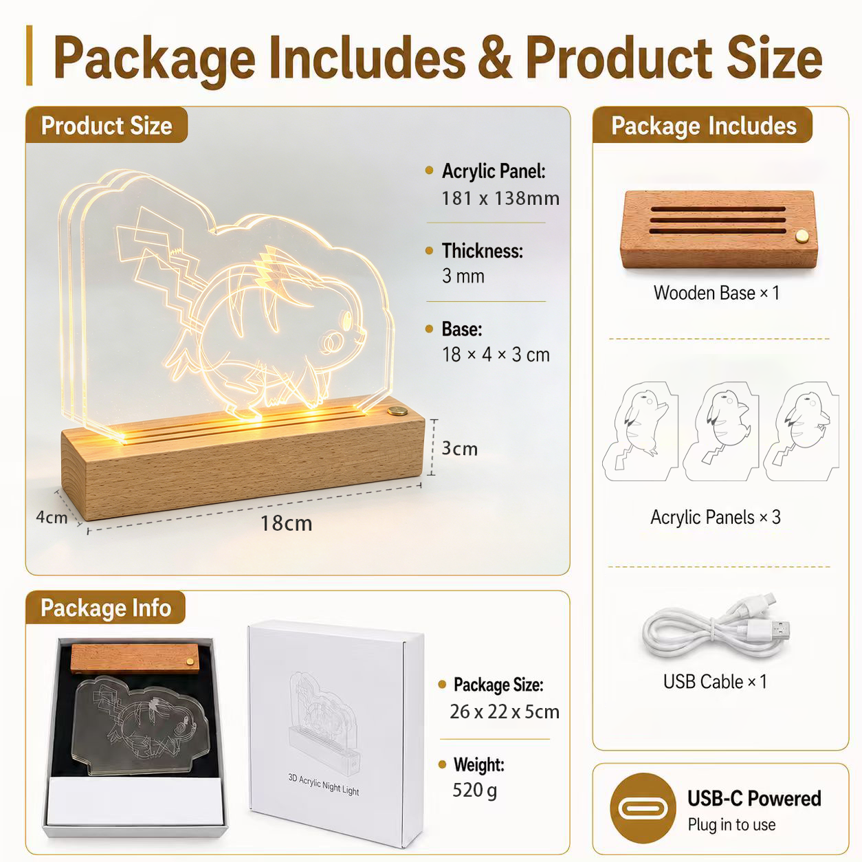 Pokemon Pikachu Dynamic 3D Acrylic Night Light – Warm LED Desk Lamp with Wooden Base
