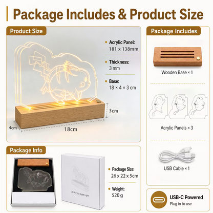 Pokemon Pikachu Dynamic 3D Acrylic Night Light – Warm LED Desk Lamp with Wooden Base